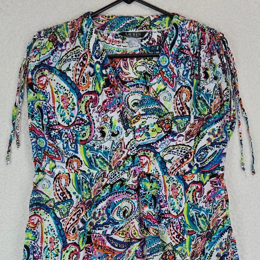 Lauren Ralph Lauren Womens Paisley Mini Dress L V-Neck Boho Festival Multi-Color